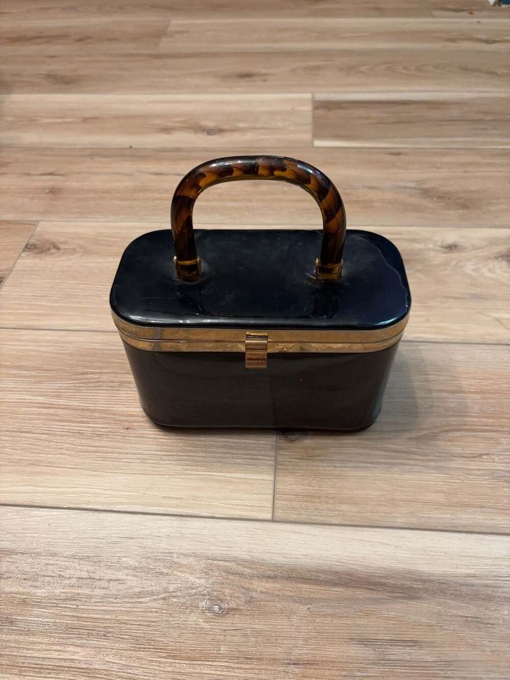 Vintage J. Piccini Black Lucite Box Handbag with Tortoiseshell Handle